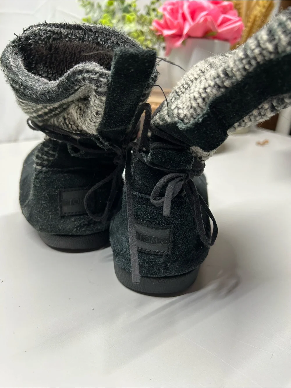 Toms Black Suede Ankle Boots with Gray Knit Cuff